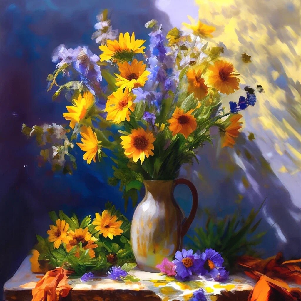 Цветочные натюрморты в разных стилях от нейросети.