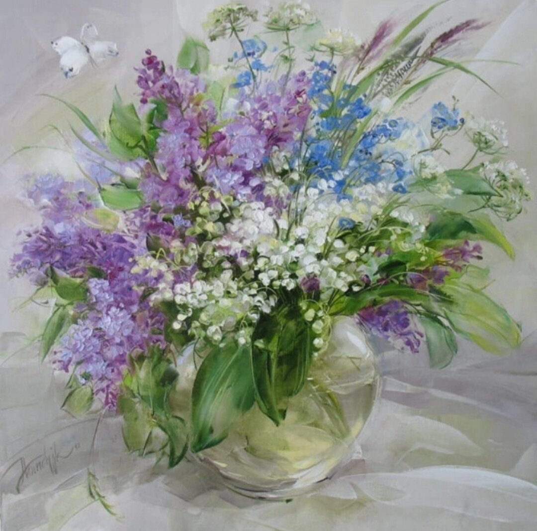 Ландыши и сирень. Картина художницы  Анны Хомчик