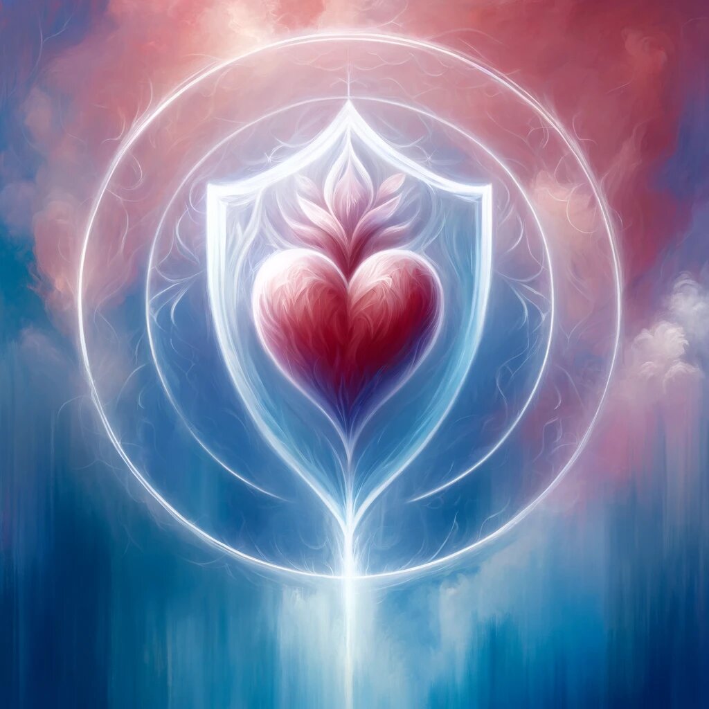 Первая картинка иллюстрирует концепцию эмоциональной защиты и верности в отношениях, символизируя сердце, защищённое прозрачным щитом, в окружении спокойных, эфирных цветов.