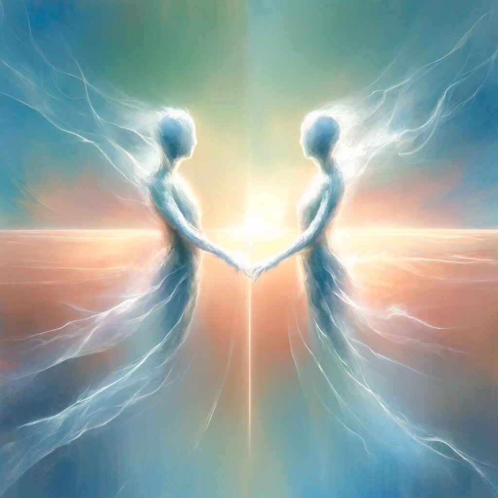 Первая картинка иллюстрирует важность личного пространства в отношениях. На ней изображены две фигуры из прозрачного материала, они держатся за руки, но между ними четко видна светящаяся граница, символизирующая уважение и взаимопонимание.