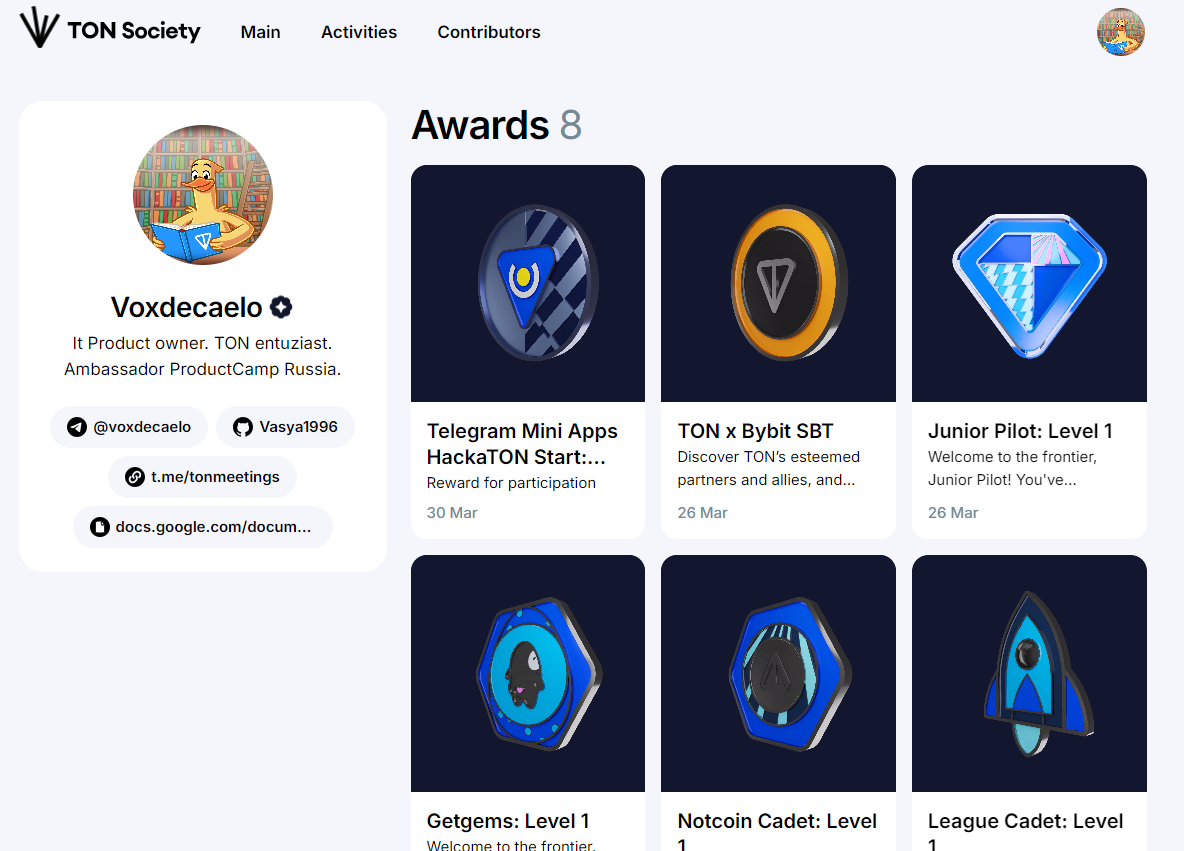Моя страничка в TON Society частью наград и информацией о себе.
