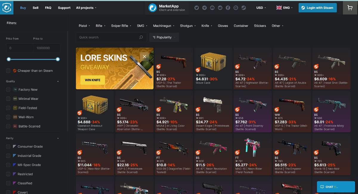 Страница поиска и покупки предметов на сайте CS:GO Market