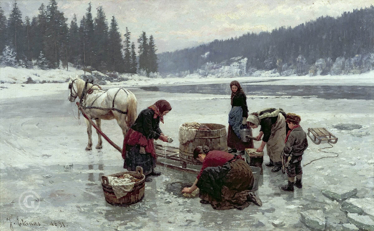 Ян Экенес "Женщины стирают бельё в проруби", 1891