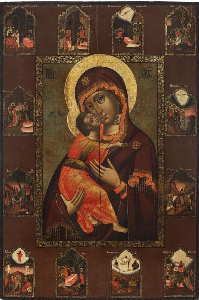 Богоматерь Владимирская, с праздниками на полях. Третья четверть XVIII века. Великий Устюг. Из церкви Успения Богородицы на кладбище в Лальске. Собрание Музея имени Андрея Рублева.