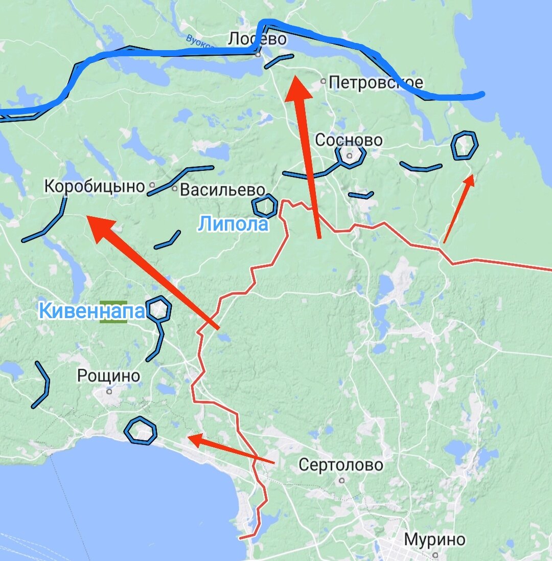 Небольшие синие линии - те самые "полосы обеспечения" финнов. Синие многоугольники - узлы обороны финских войск, а красная линия - граница СССР и Финляндии до войны. Жирная синяя полоса - линия Маннергейма