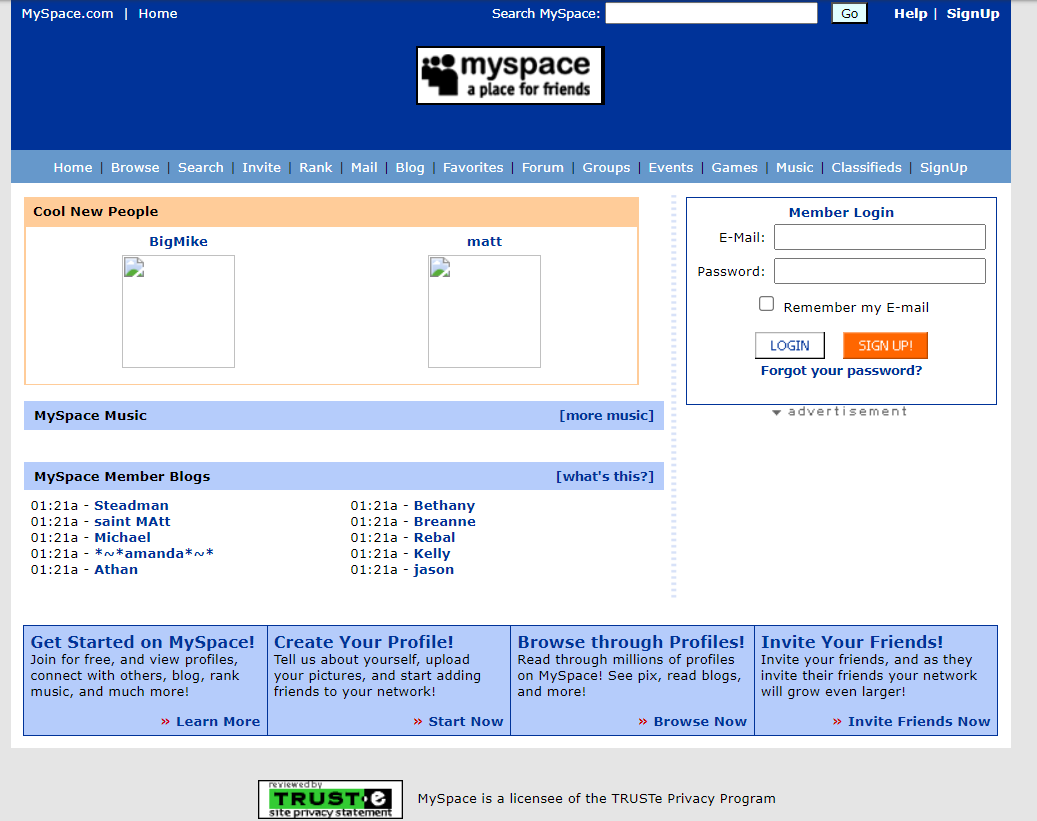 Главная страница mySpace в 2004 году.