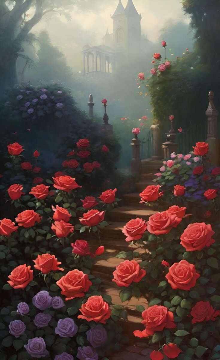 Сад одиночества и роз. Иллюстрация создана с помощью нейросетей Kandinsky3.0, StarryAI и DreamAI.


