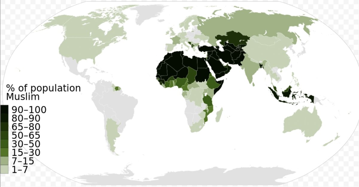 Карта показывает процент населения, который исповедует ислам