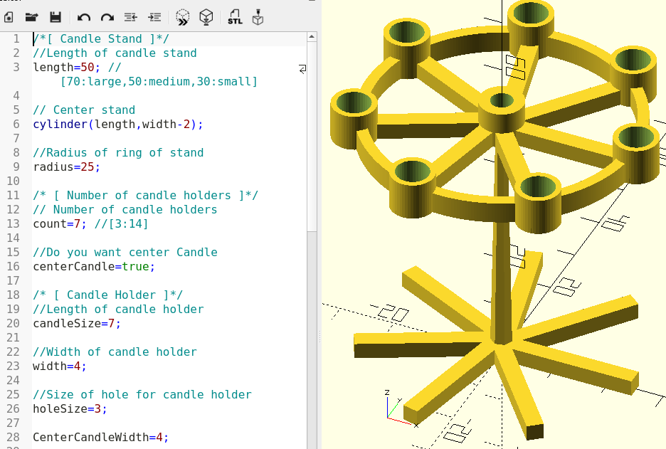 Файл candle.scad открытый в программе OpenSCAD