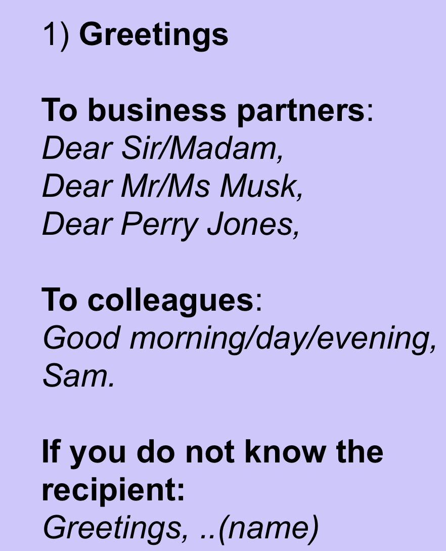 Common phrases for business writing. Greetings.