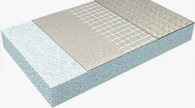 Строительная панель из пенополистирола от "ЕвроПанель". Панель, в зависимости от модели, с двух или с одной стороны покрыта полимер-цементным слоем со встроенной армирующей сеткой