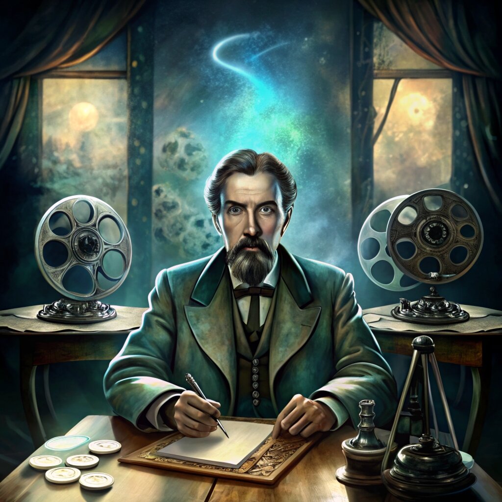 изображение Антона Павловича Чехова, сидящего за столом с кинопленкой, распростертой перед ним, символизирует соединение литературного и кинематографического миров.