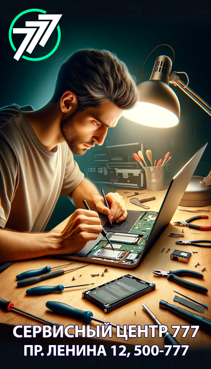 ремонт ноутбуков в Сервисном Центре 777 в городе Петрозаводск. На картинке мастер ремонтирует ноутбук (услуга замена аккумулятора). 