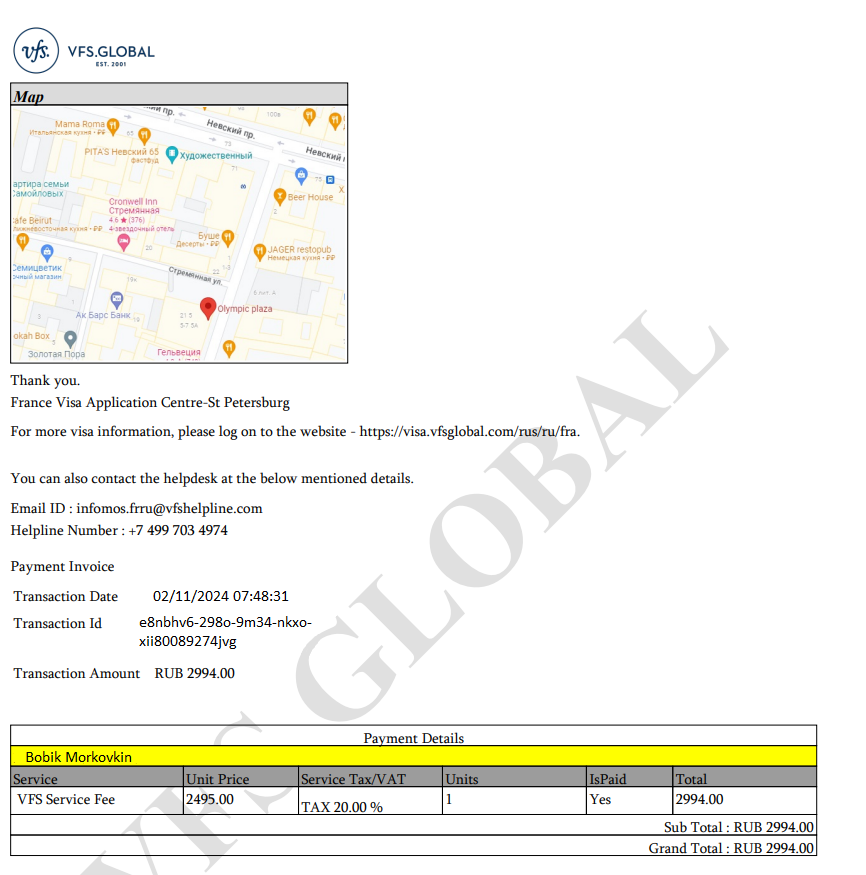 пример квитанции о сервисном сборе, который вы оплачиваете онлайн при записи и позже показываете в окошке подачи