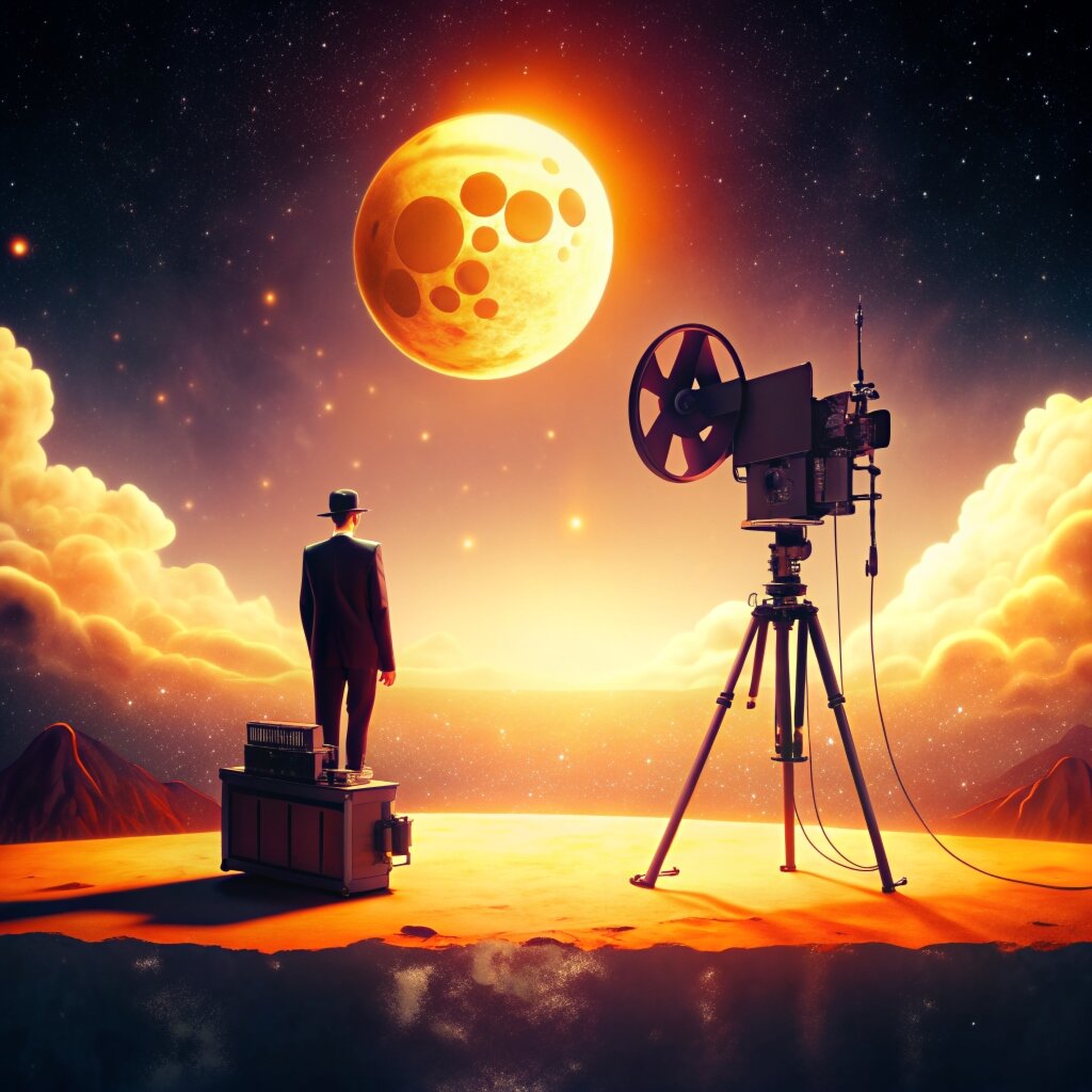 изображение Антона Павловича Чехова, стоящего между нотным станом и кинокамерой, символизирующее сочетание музыки и кинематографа в экранизации его произведений.