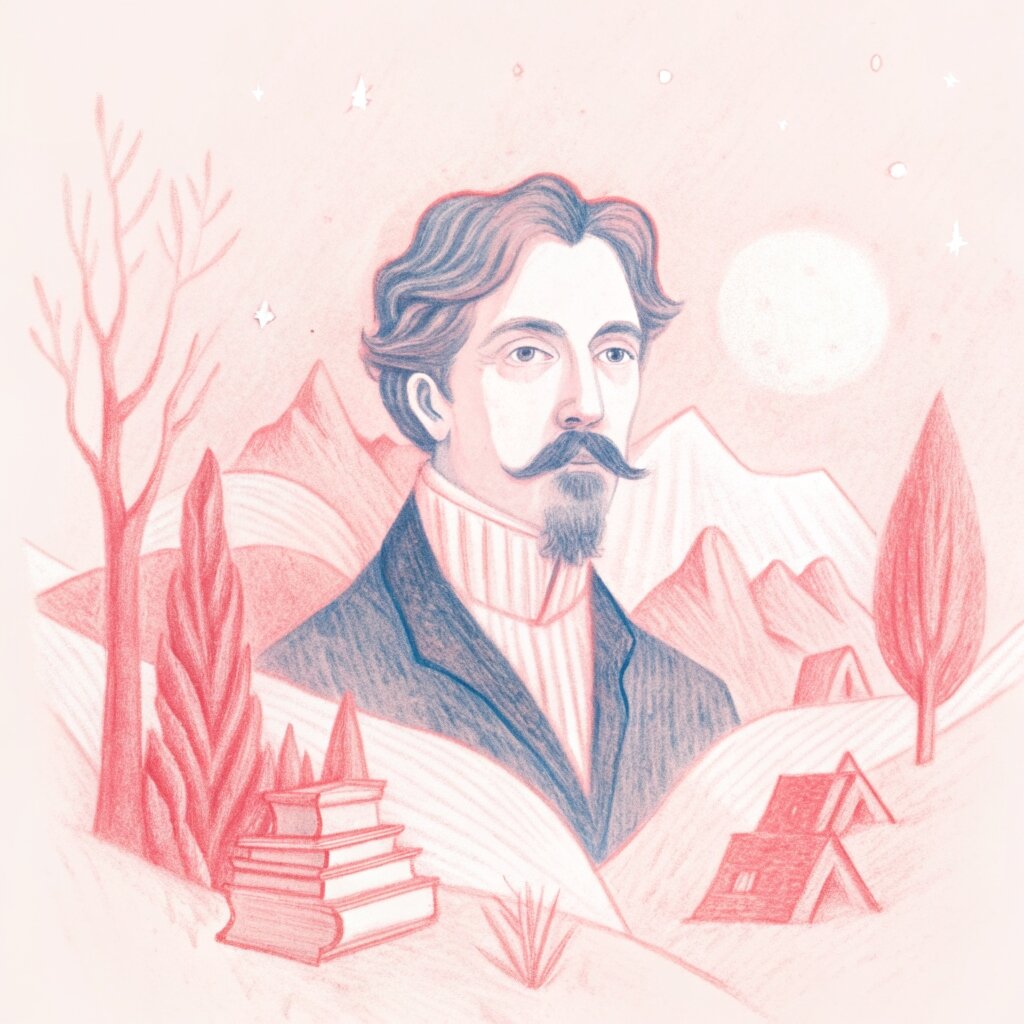 изображение Антона Павловича Чехова, сидящего с открытой книгой на фоне типичного русского пейзажа, символизирующее его литературное творчество и связь с родной природой.