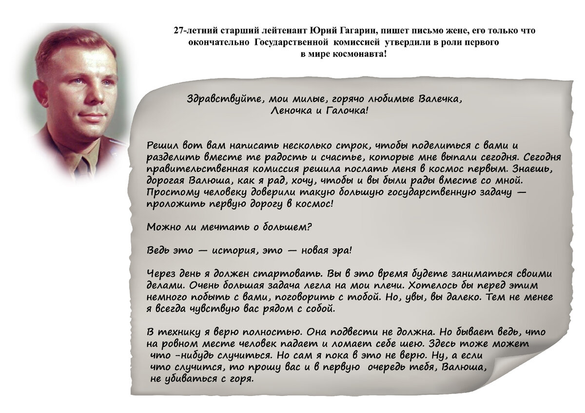Письмо Юрия Гагарина своей семье накануне полета 12 апреля!