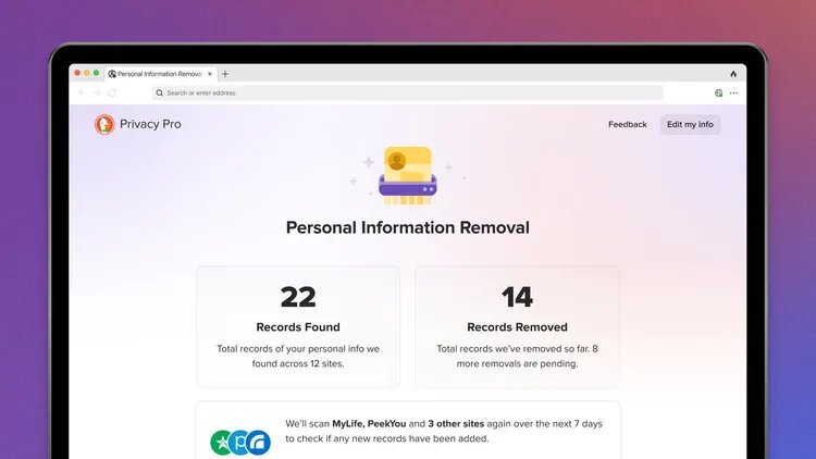 Функция удаления личной информации PrivacyPro в браузере DuckDuckGo. DuckDuckGo