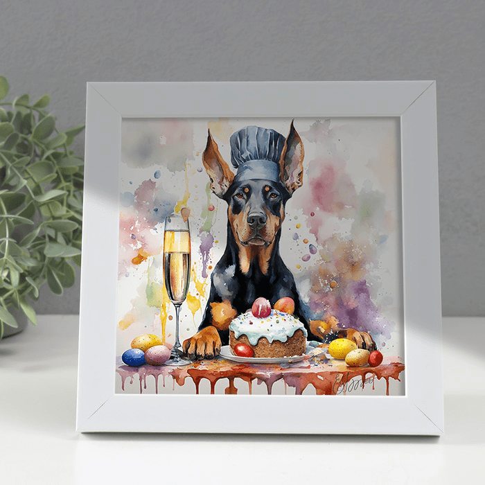 Серия "Пасха" Доберман. # ДБП-0001. В белой рамке 18х18 см, размер изображения 15х15 см.