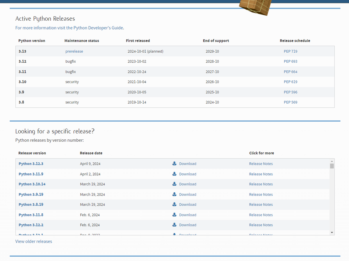 Выбор предыдущей версии Python в разделе Downloads