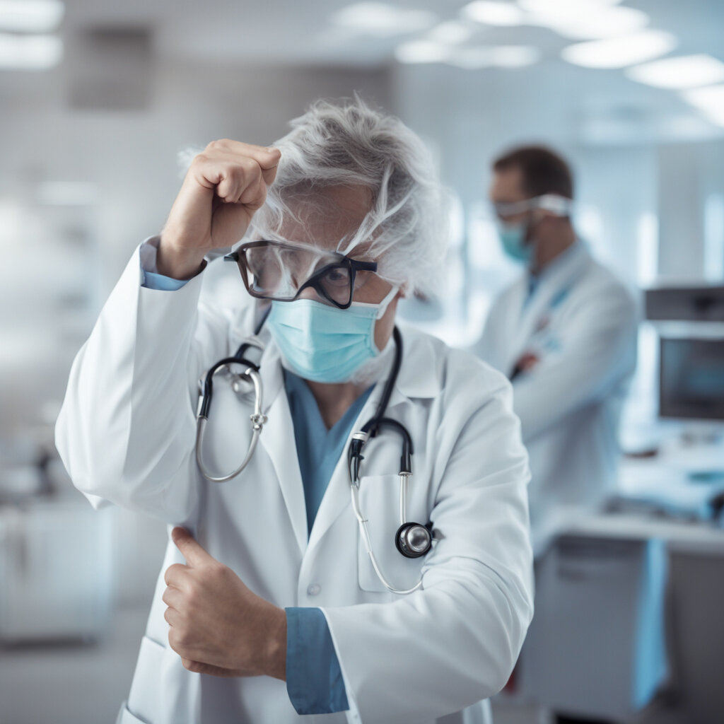 Рисунок, любезно предоставленный ИИ «mage.space» по запросу «doctor in a white coat valiantly and desperately fighting the coronavirus».
