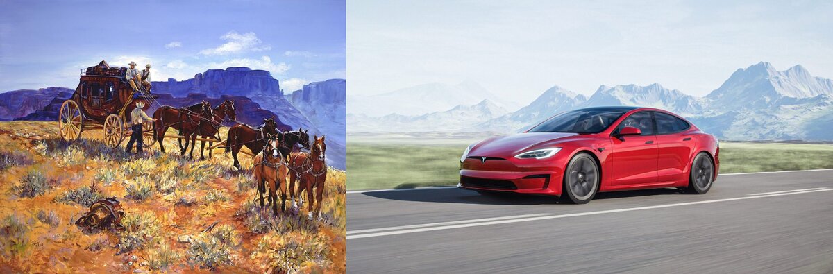 Факт дня: Лошадь может в среднем проскакать 30-40 километров в день, электромобиль Tesla Model S Plaid способен проехать более 620 км без подзарядки.