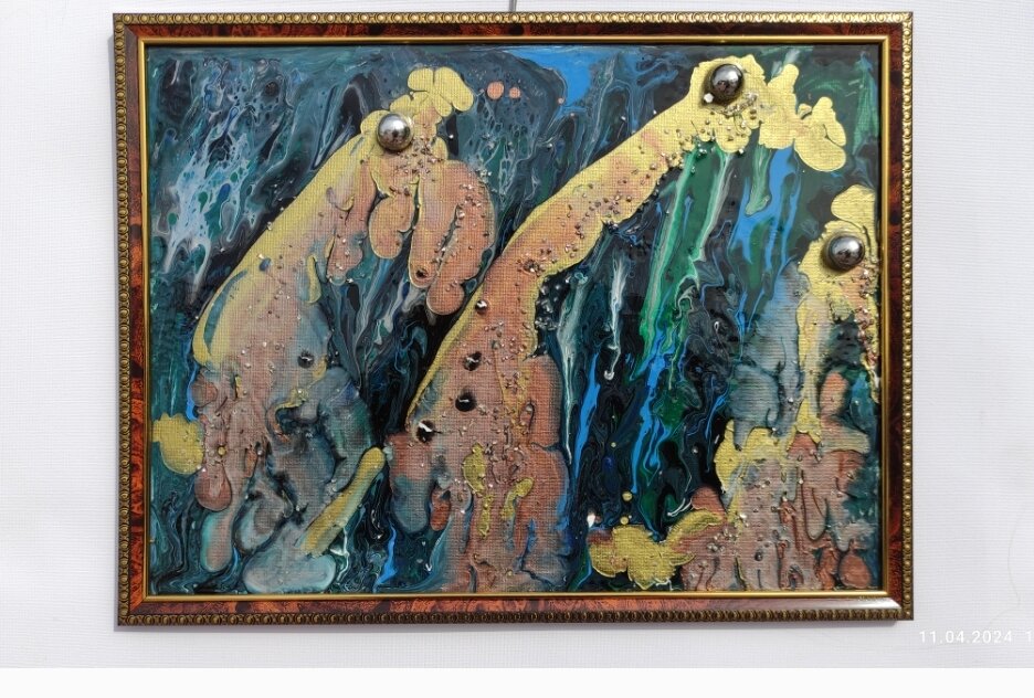 ,,Жирафы,, абстракция, (хорошо в детскую), грунтованный .холст, техника,,флюид арт,, акрил,  30х40, цена - 1500р.(продано).