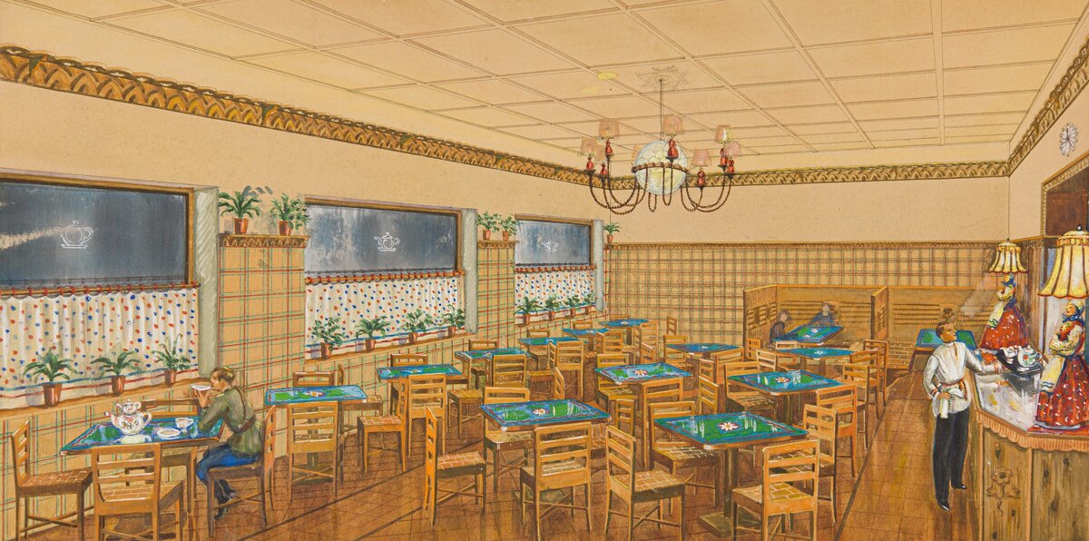 ЭСКИЗНЫЙ ПРОЕКТ ИНТЕРЬЕРА КАФЕ «ГОРОДСКАЯ ЧАЙНАЯ» (АЛАДЖАЛОВ СЕМЁН ИВАНОВИЧ, 1947)