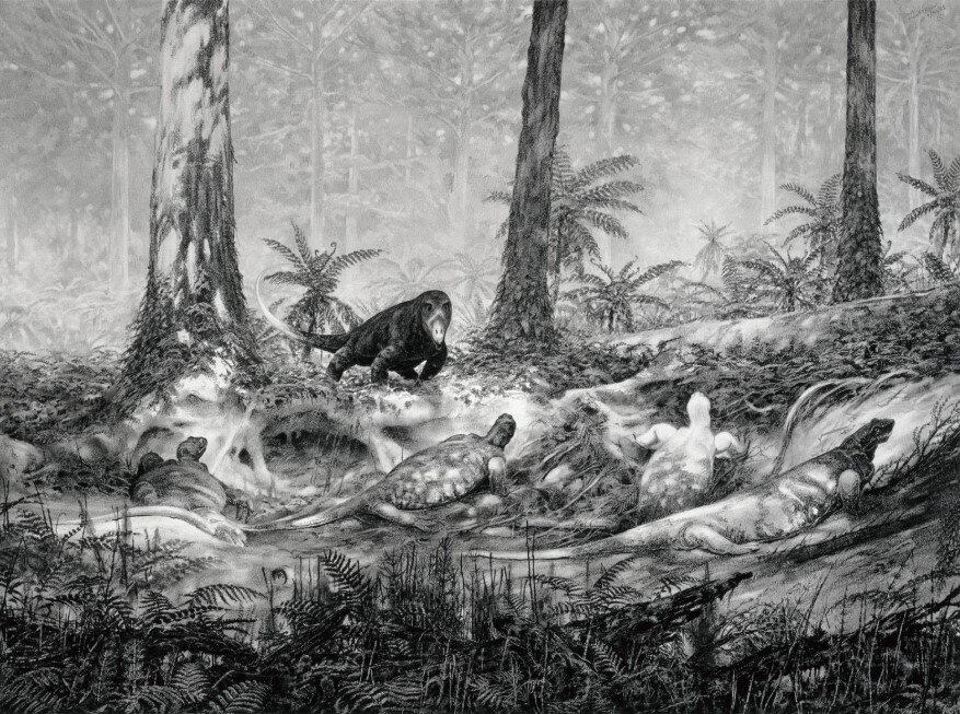 Первые сухопутные четвероногие не отличались ни быстротой, ни изяществом... Худ. Дуглас Хендерсон.