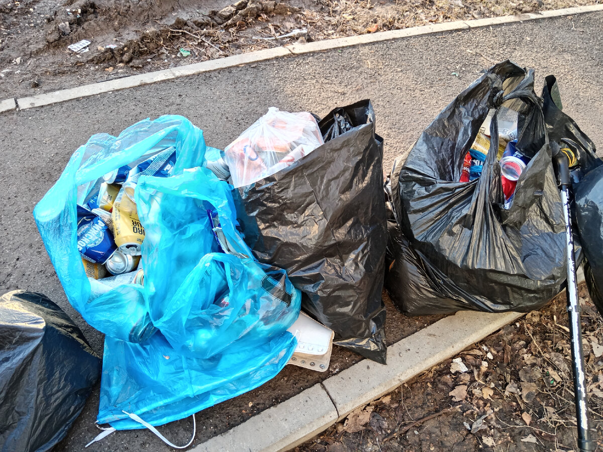 Мои алюминиевые банки в прозрачном пакетике в среднем чёрном мешке.