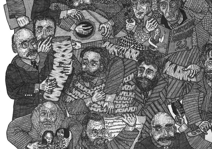 Грабарь слева, в очках и с небольшим количеством волос. У него - самое большое берёзовое полено (у Левитана - тоненькие березовые палочки, у Кинджи - среднее берёзовое поленко.
