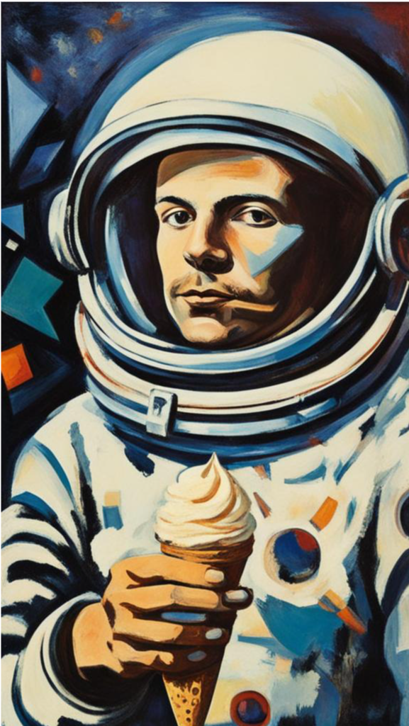 Космонавт с мороженным. Холст, масло, 1961, Кандинский (искусственный интеллект шутит)