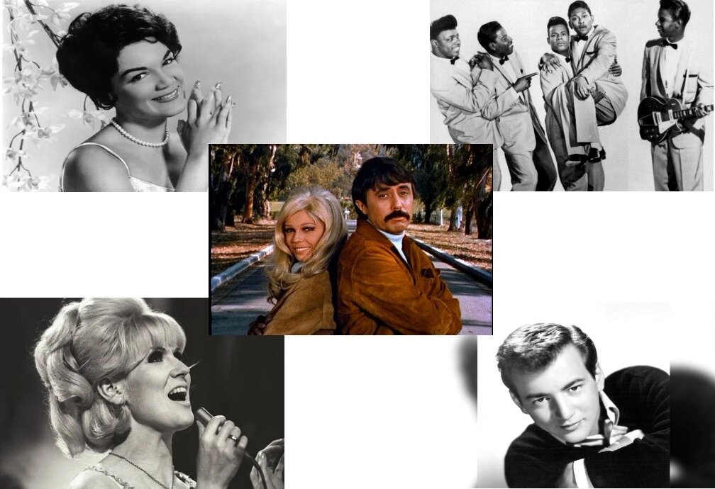 Группа The Coasters, Конни Фрэнсис, Нэнси Синатра и Ли Хейзелвуд, Дасти Спрингфилд, Бобби Дэрин. Коллаж автора.