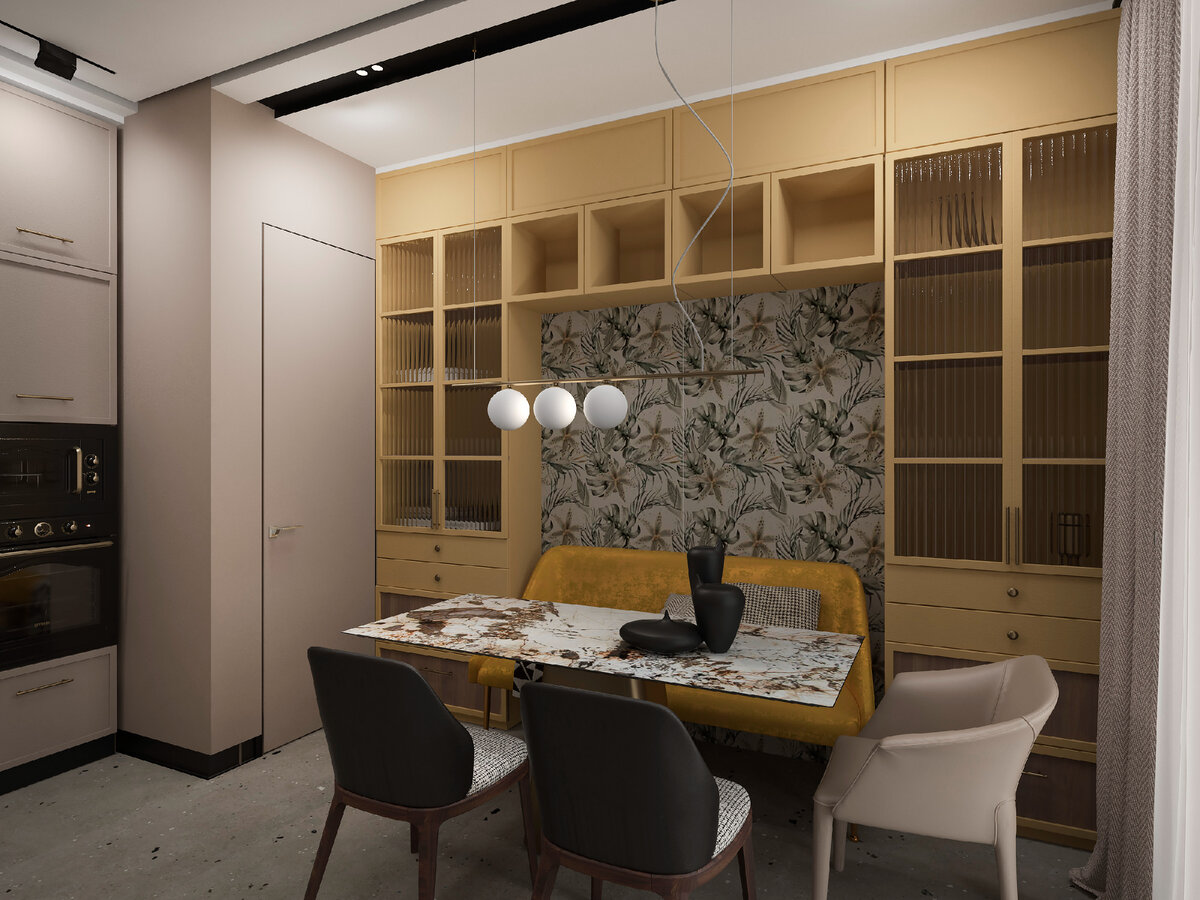 Вид на буфеты для праздничной посуды и всякой мелочевки. Например, выдвижные ящики в этих буфетах заказчик будет использовать для хранения аптечки, бадов и витаминов.