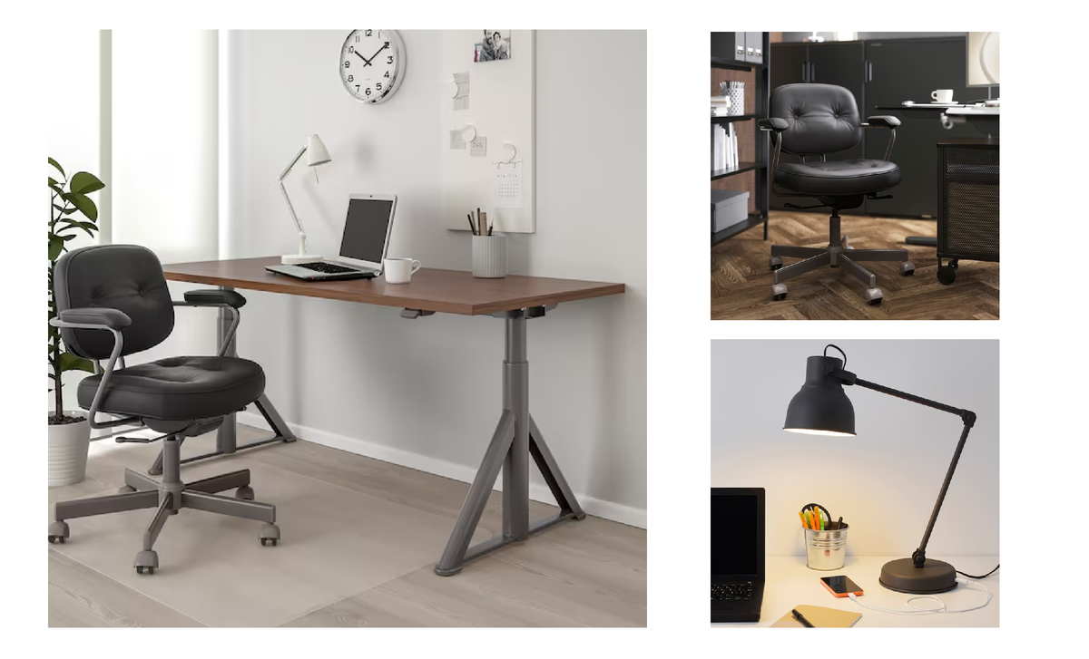 Комплект «ИКЕА». Стоимость офисного кресла Alefjäll — 27 900* рублей, письменного стола Idåsen — 22 900* рублей, лампы Hektar — 7000* рублей.