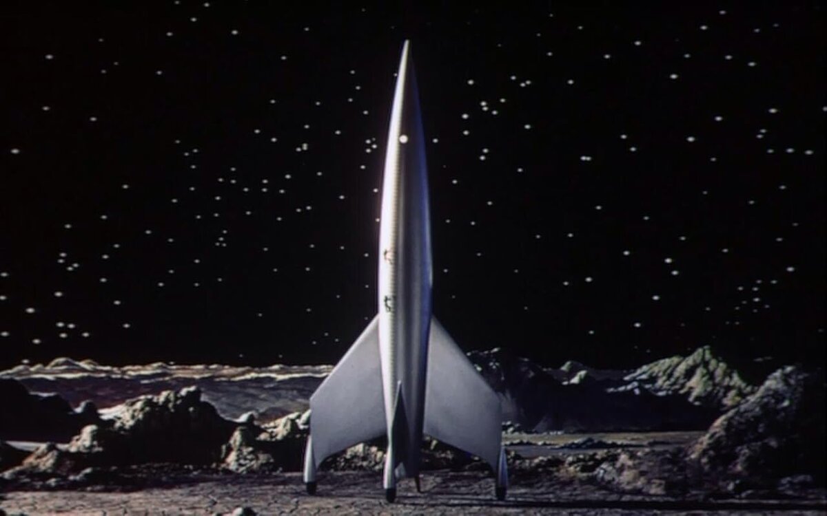 Кадр их к/ф "Место назначения - Луна", снятого по роману Роберта Хайнлайна "Ракетный корабль "Галилей". Изображение взято из открытых источников