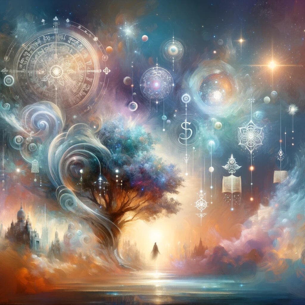 второе изображение, иллюстрирующее метафорическое значение историй из "Шримад Бхагаватам". На картине изображены эфирные элементы, такие как парящие священные тексты, космические символы и мягкие лучи света, представляющие глубокую и вечную мудрость, содержащуюся в этих рассказах. Сцена спокойная и вдохновляющая, с цветовой палитрой из мягких пастельных тонов, символизирующих просвещение и духовное прозрение.