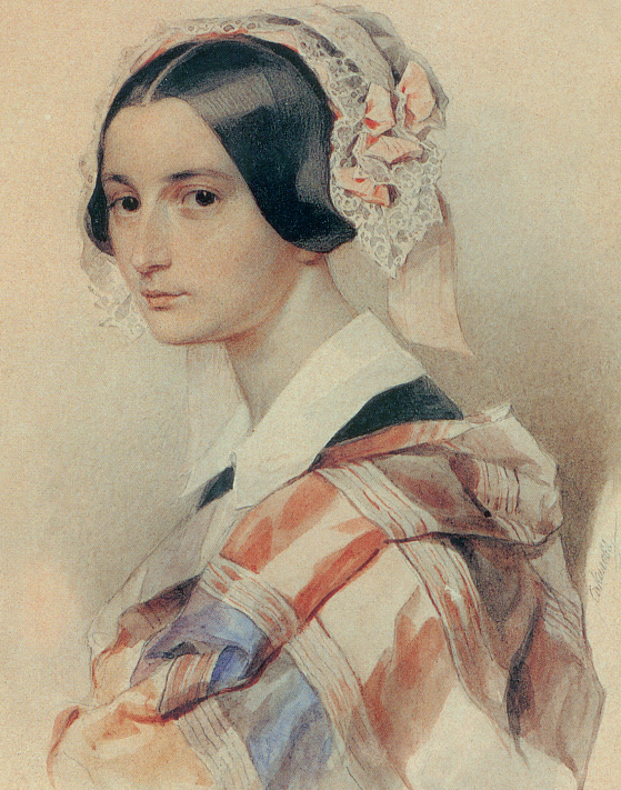 Александра Осиповна Смирнова, урождённая Россет, на акварели работы Петра Фёдоровича Соколова из собрания Всероссийского музея А.С.Пушкина.