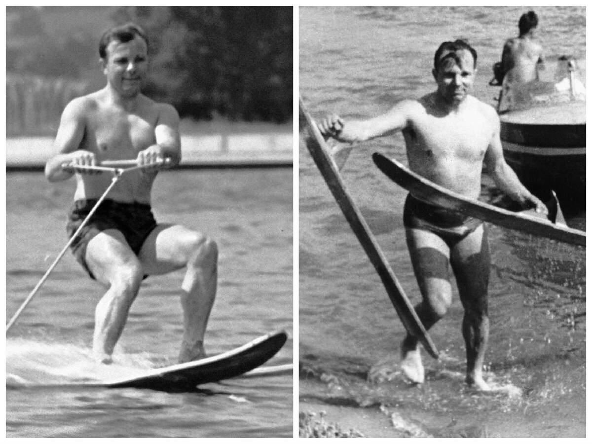 Юрий Гагарин на водных лыжах. Источник 1 https://fullpicture.ru/znamenitosti/redkie-foto-yuriya-gagarina-v-povsednevnoj-zhizni.html. Источник 2 https://commons.m.wikimedia.org/wiki/File:Yuri_Gagarin_in_Dolgoprudny_6.jpg