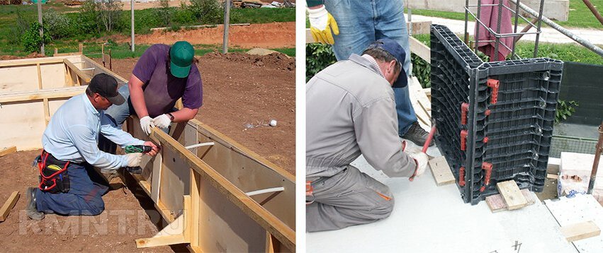 Съёмная опалубка из влагостойкой фанеры (слева) и пластиковых многоразовых щитов (справа)