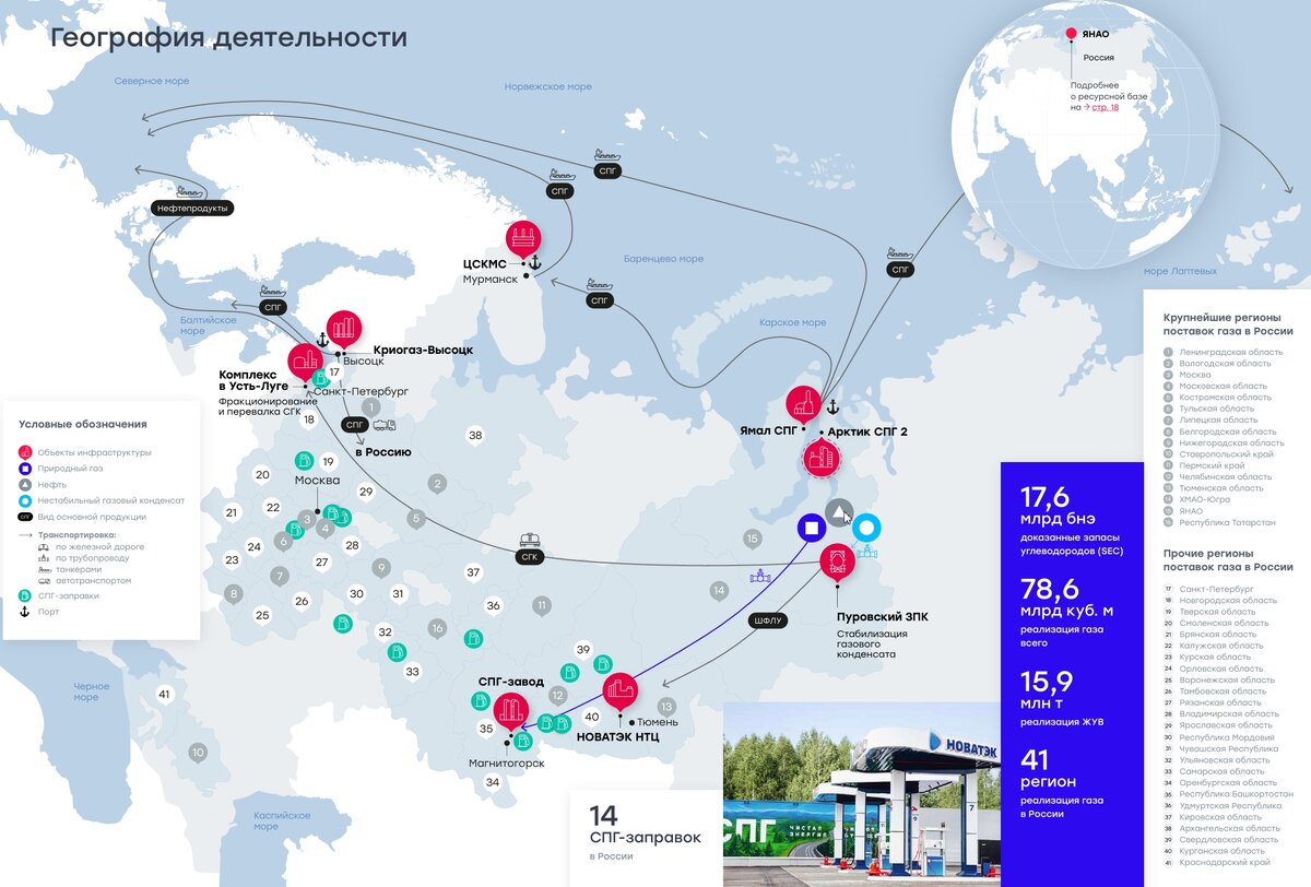 География деятельности Новатэк. Скриншот взят из официального отчета компании за 2023 год.