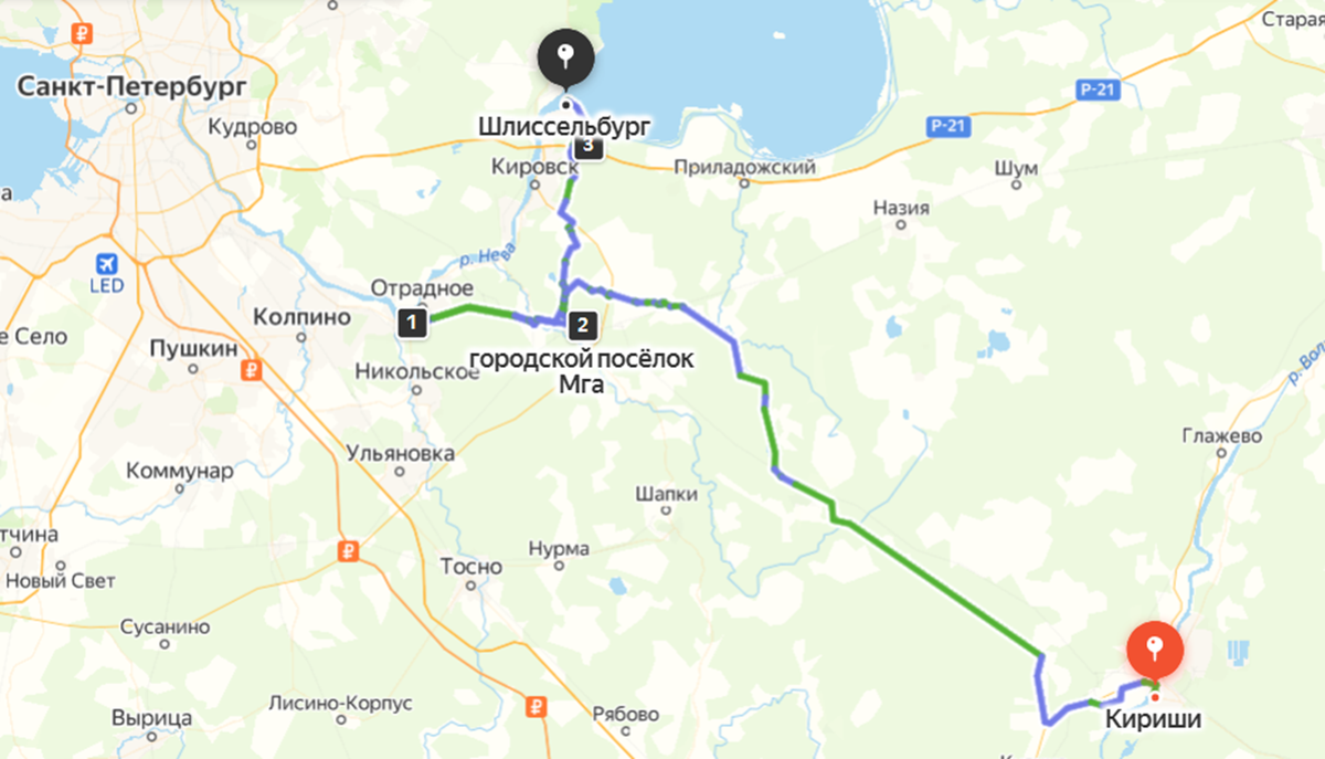 Кириши - Мга - Синявино - Шлиссельбург. Яндекс.Карты