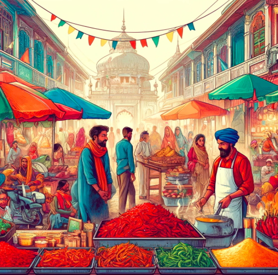иллюстрация индийского уличного рынка, где продаются различные острые блюда. На картине вы можете увидеть разнообразие острых закусок, представленных в ярких красках и с богатым культурным наследием. Это отлично дополнит нашу статью о пользе острой пищи