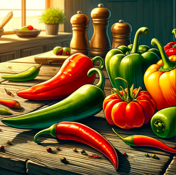 иллюстрация с различными видами острых перцев, таких как чили, халапеньо и кайенский перец, расположенных на деревянном столе в уютной кухонной обстановке. Это дополнит нашу статью, подчеркивая разнообразие и визуальную привлекательность острых ингредиентов.