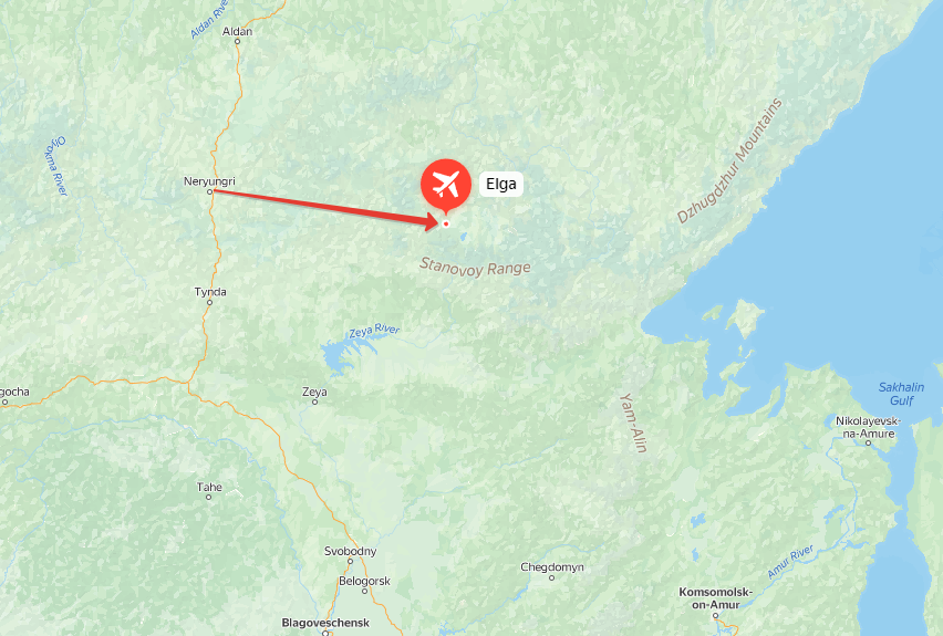 Расположение аэродрома Эльга на карте