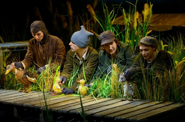    В окружении обычных птиц гадкий утёнок чувствует себя изгоем. Фото: Пресс-служба театра кукол «Арлекин»/ Никита Кудрявцев
