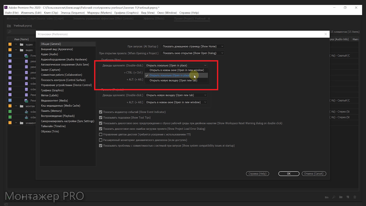 Локальное открытие бинов в Adobe Premiere Pro 2020