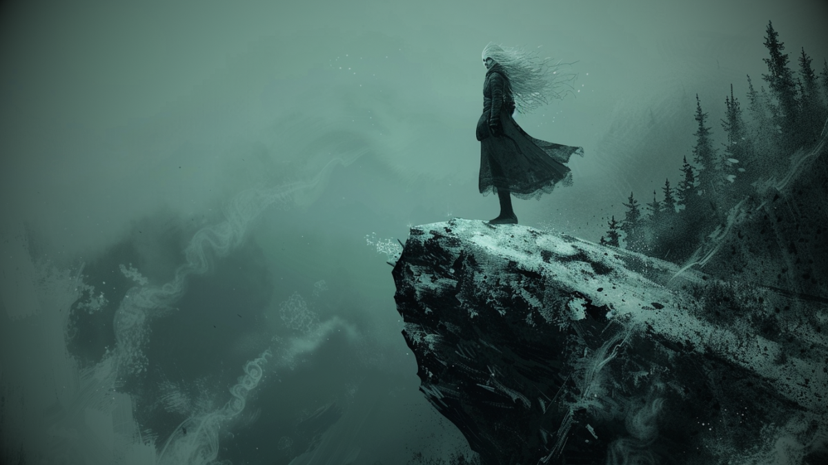 Женщина в Сибири на заснеженном обнажении.