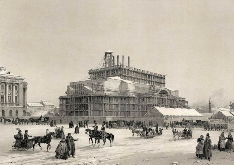 Вид строящегося Исаакиевского собора в 1838 г. лит. Ф.Бенуа, по оригиналу О.Монферрана. Источник: citywalls.ru