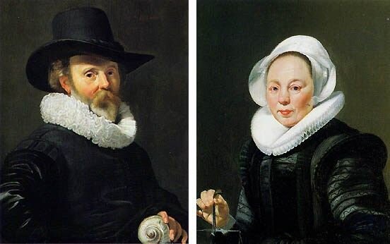 1625-1626 гг. Томас де Кейзер - Портрет Мужчины с ракушкой перламутрового тюрбана и женщины с весами. Этот портрет парный. На втором портрете изображена его жена, держащая в руках весы, что можно считать символом торговли.
(Метрополитен-музей искусств)